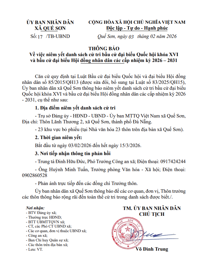 Xã Quế Sơn lấy ý kiến nhận xét, tín nhiệm của cử tri nơi cư trú đối với người ứng cử đại biểu HĐND xã, nhiệm kỳ 2026-2031